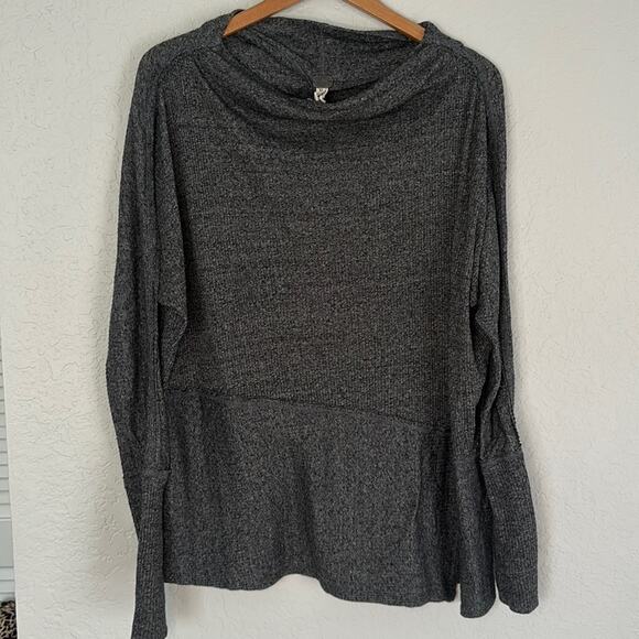 We the Free People Grey Cowl Neck Sweater Top Cozy Long Sleeve Waffle Thermal - Picture 1 of 3